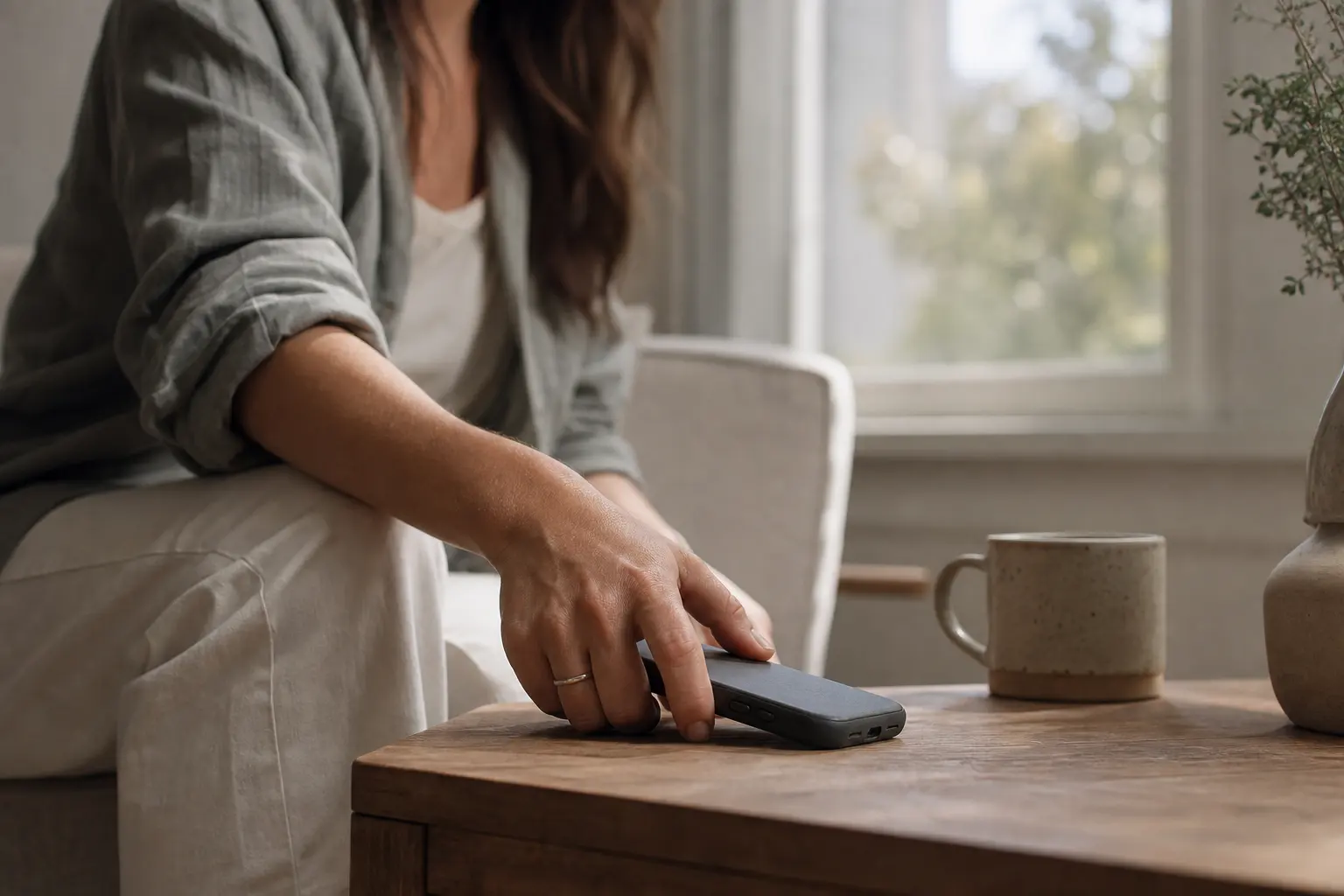 A woman intentionally placing her phone face-down in calm morning light