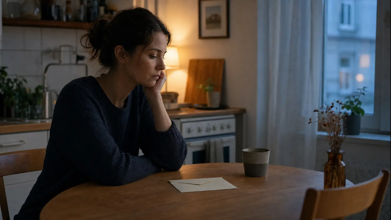 A woman sitting alone at a kitchen table beside an unopened note at dusk