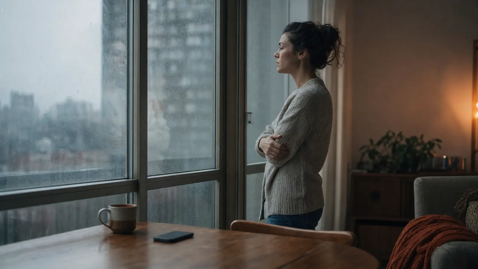 A woman looking through a rainy window with her phone face down on the table