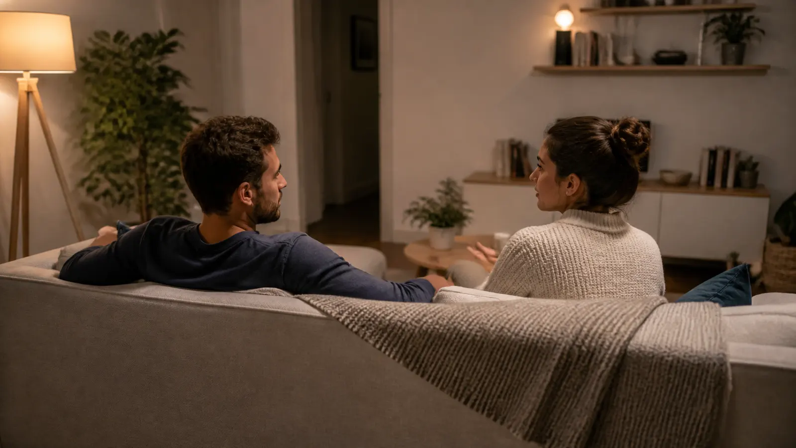 Two partners talking quietly during an evening check-in on a living room sofa
