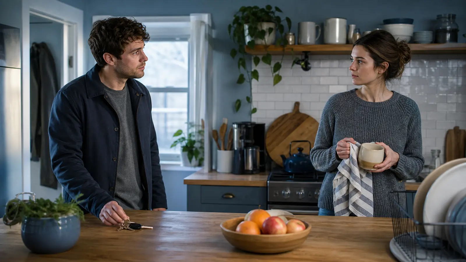 A couple pausing in a kitchen as an everyday interaction begins to repeat