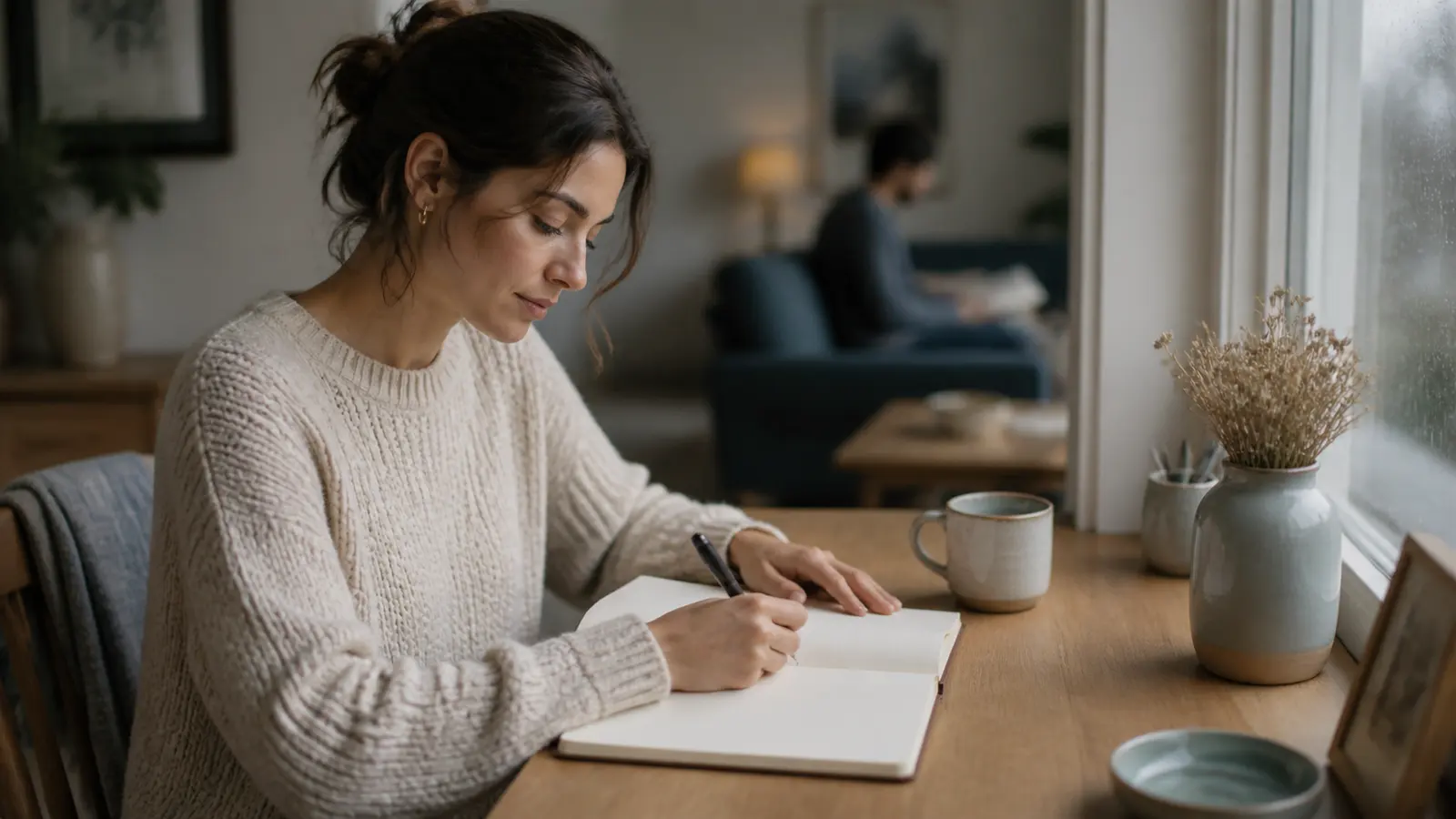 A woman privately mapping a relationship pattern in a blank notebook