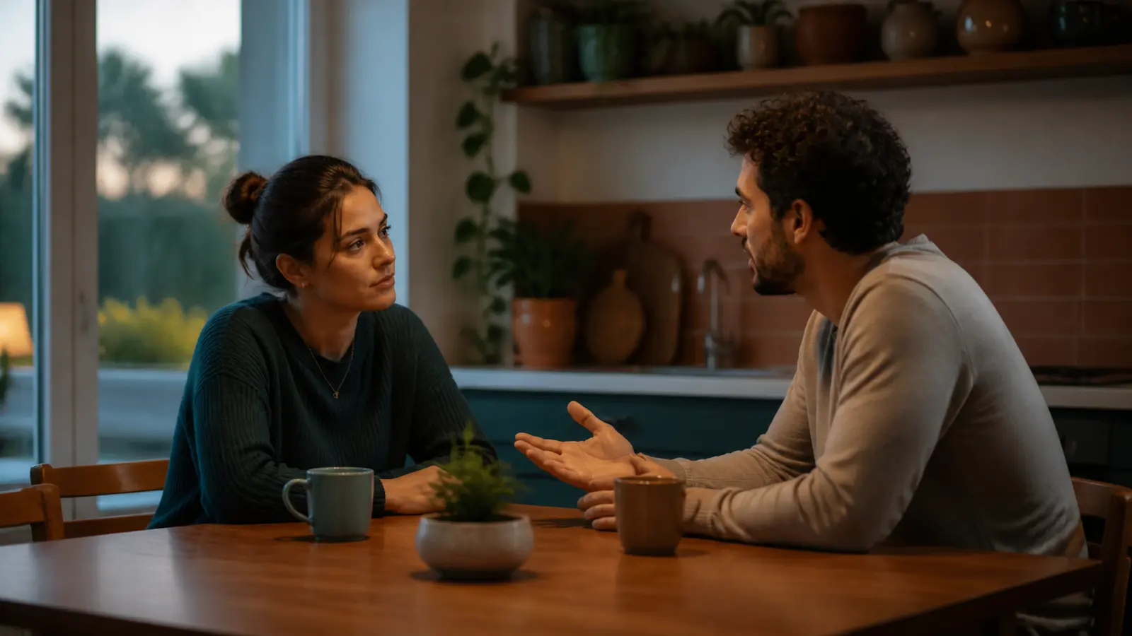 Two adults at equal height having a calm repair conversation at a kitchen table