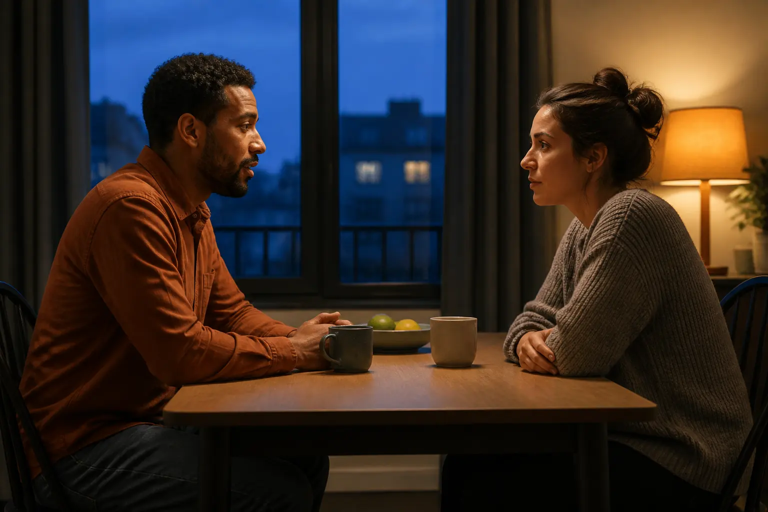 Two partners having a serious, calm conversation across a dining table