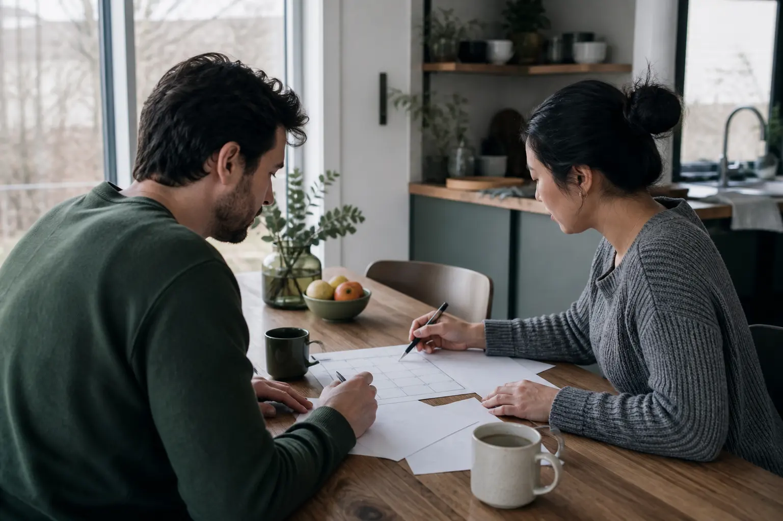 Two partners working together on a practical trust repair plan at a table