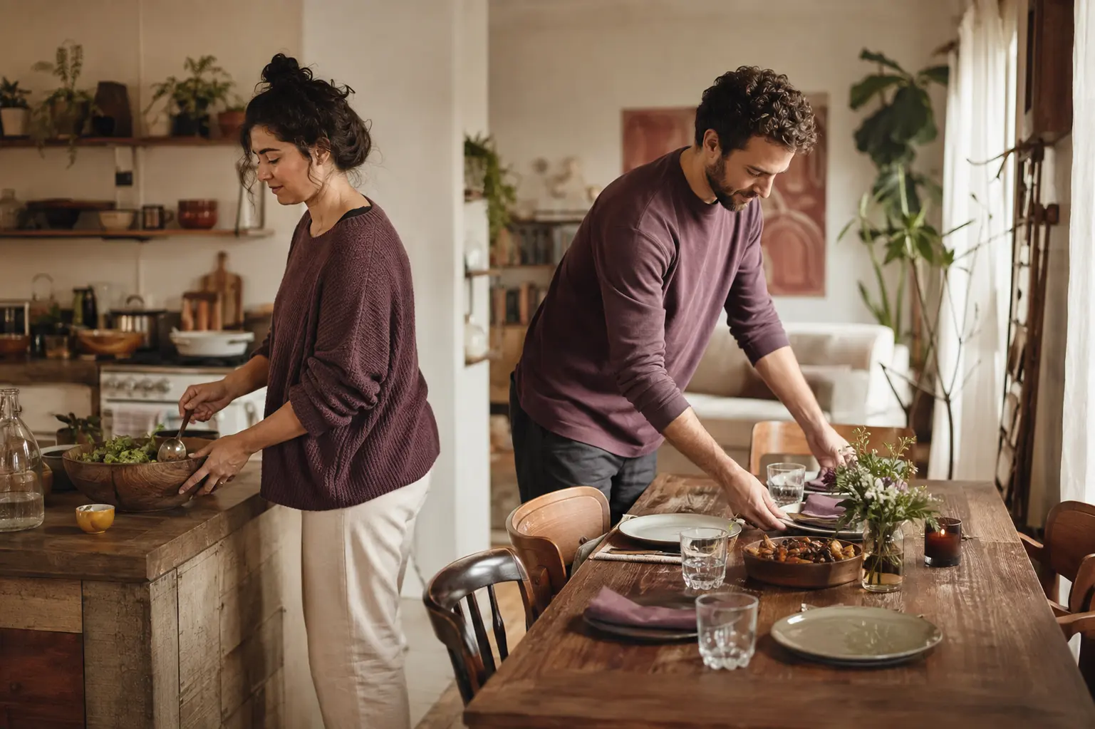 Two partners sharing dinner preparation and table setting after a demanding day