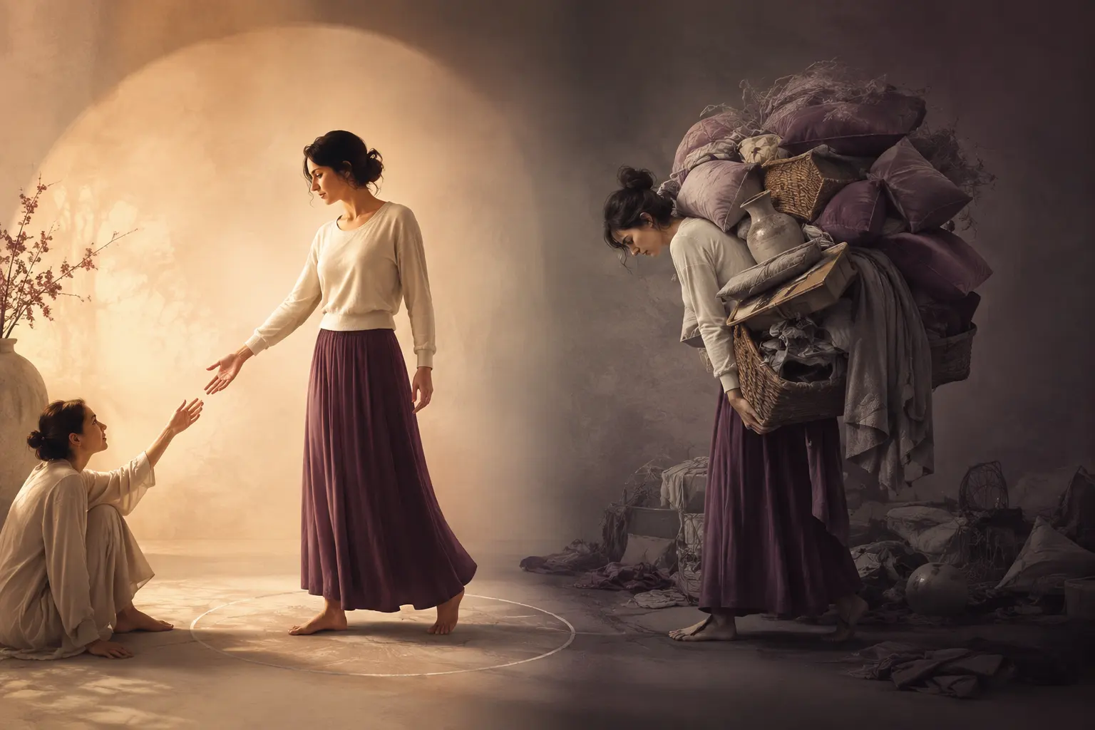 Conceptual contrast between grounded support and becoming overwhelmed by over-giving