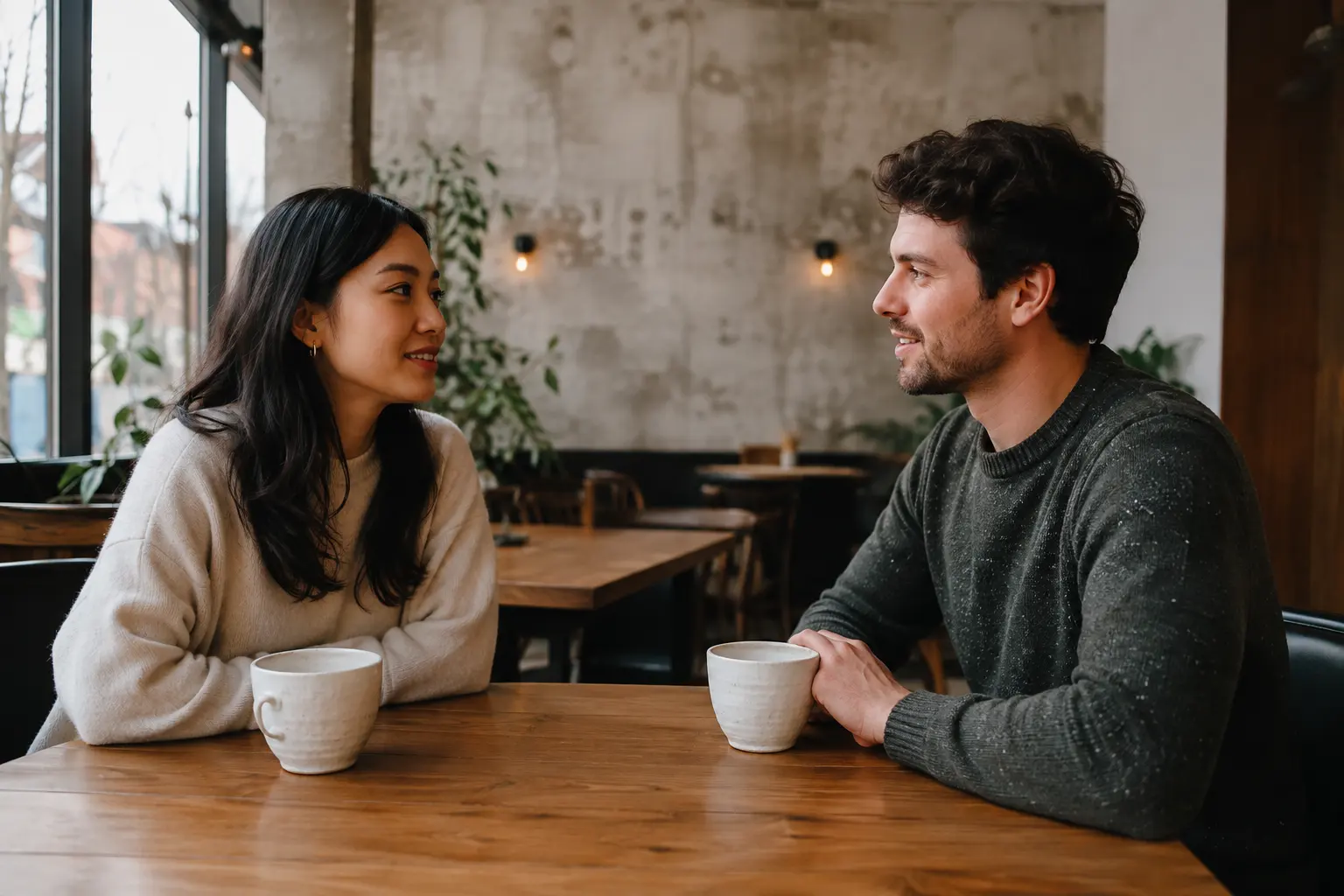 Two adults talking warmly across a cafe table while keeping comfortable personal space