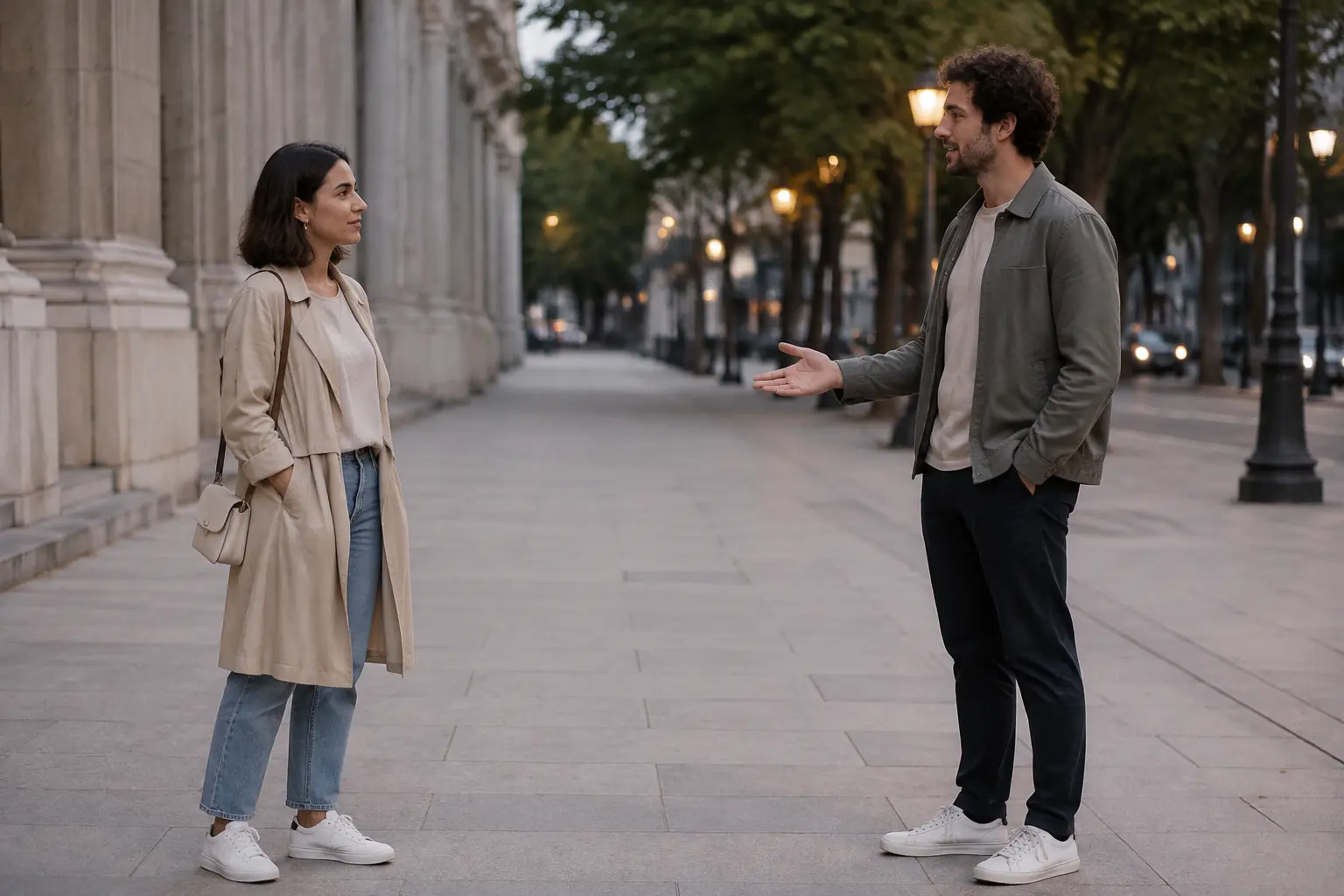 Two adults speaking calmly on an open sidewalk with clear respectful space between them