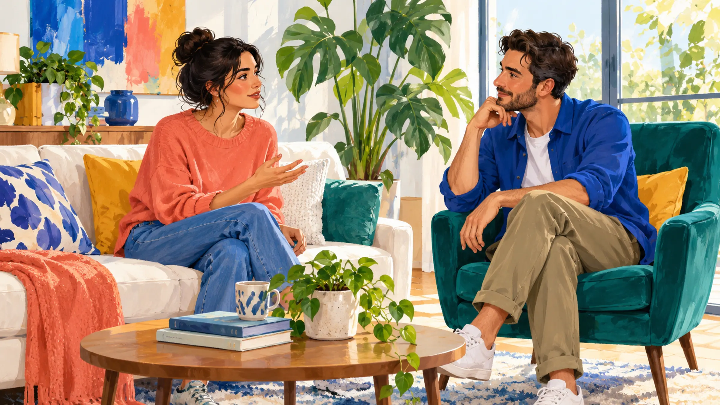 Illustration of two adults talking with comfortable space between them in a bright, colorful room