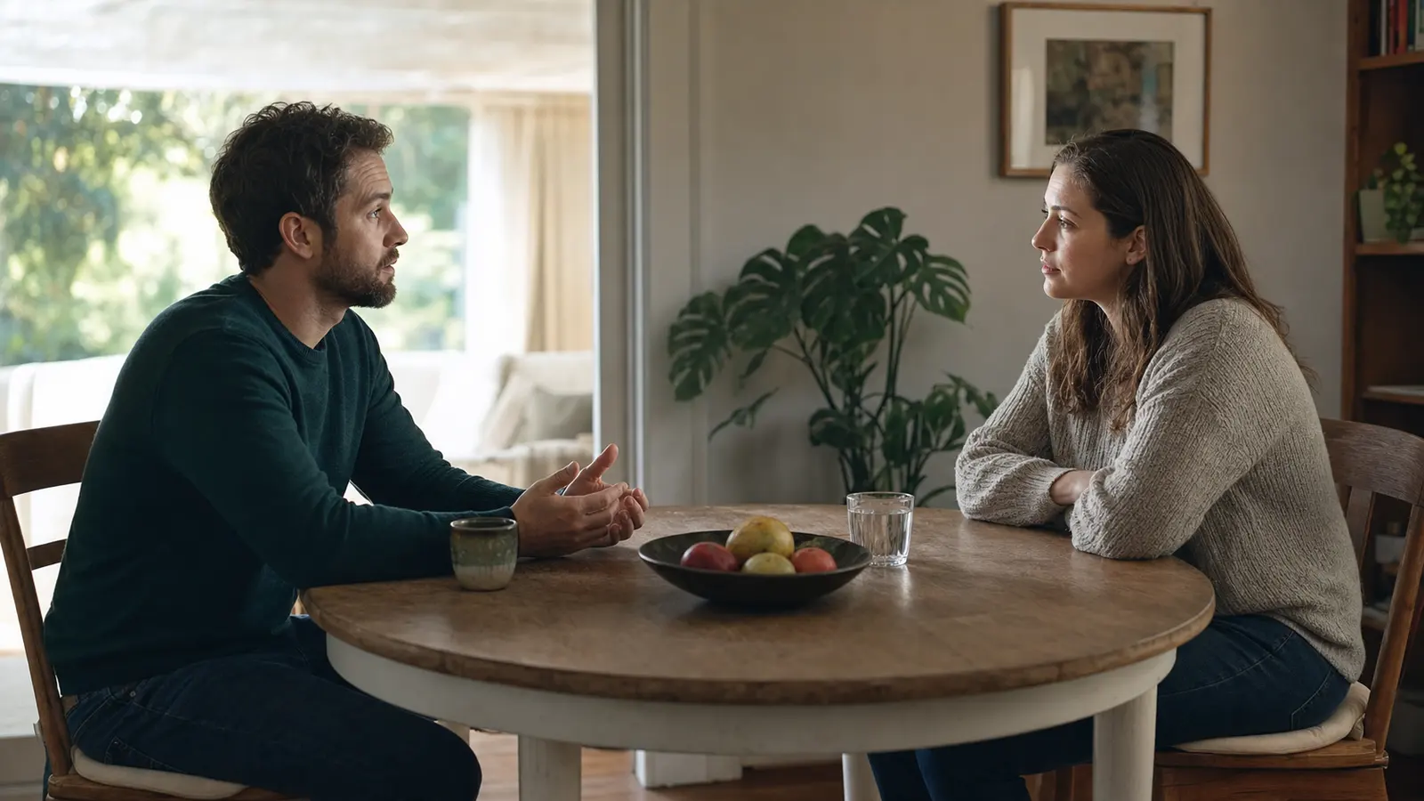 Two adults having a calm serious conversation at a dining table