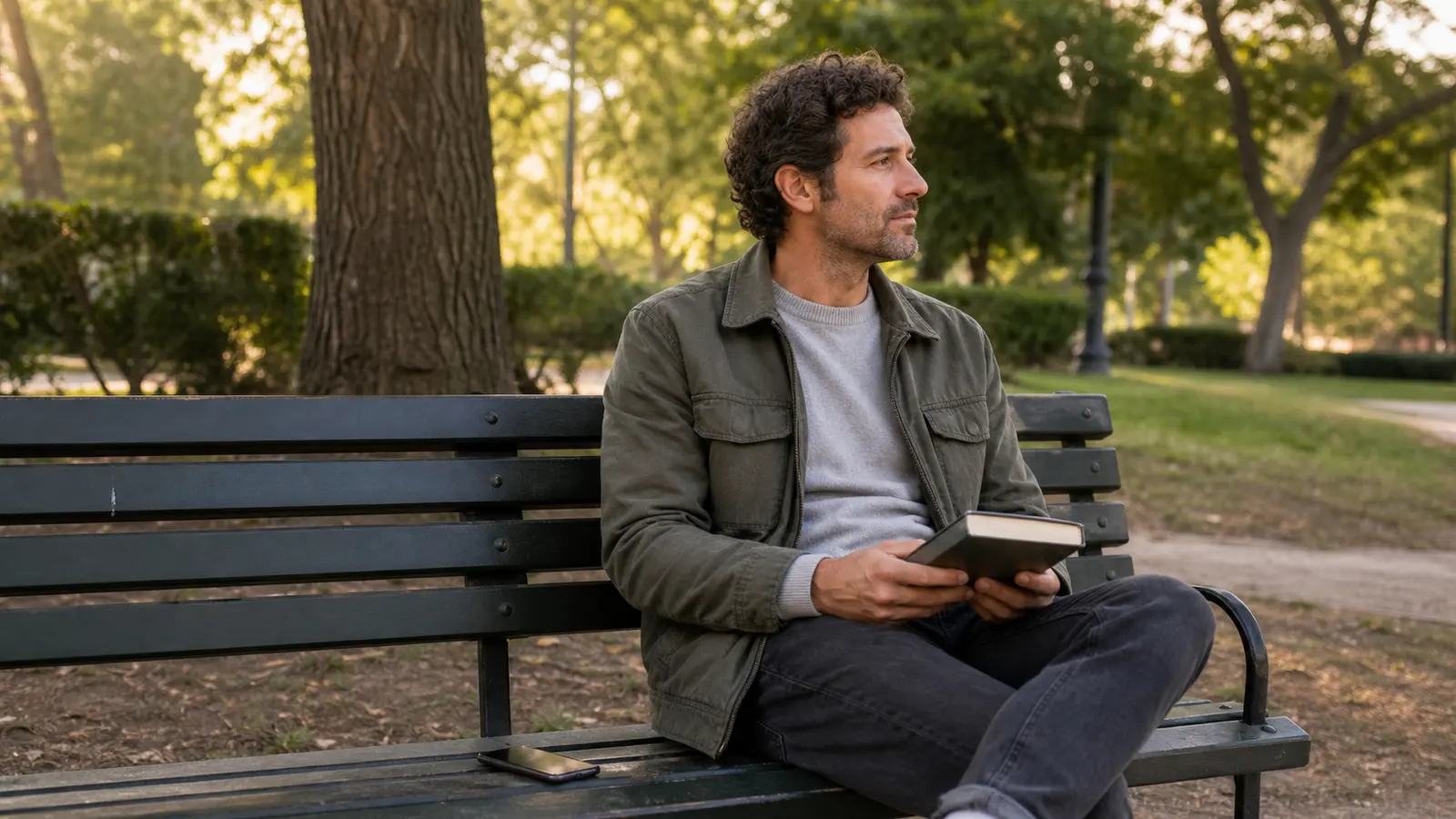 A person sitting alone on a park bench with a face-down phone beside a closed book
