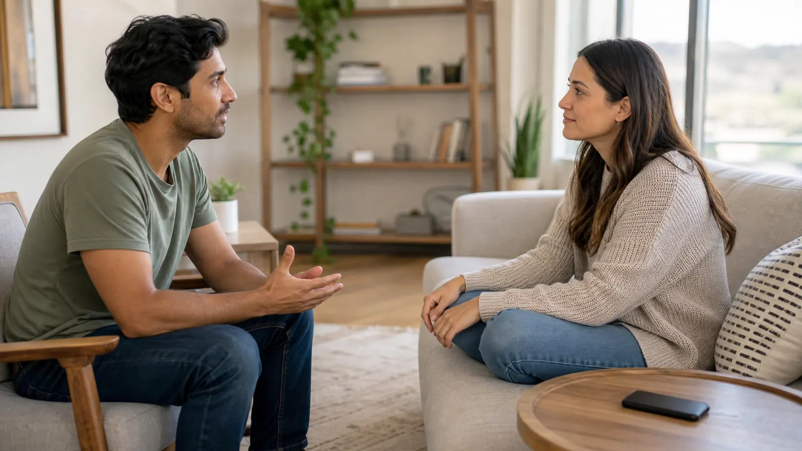 Two partners discussing a boundary with open posture and comfortable personal space