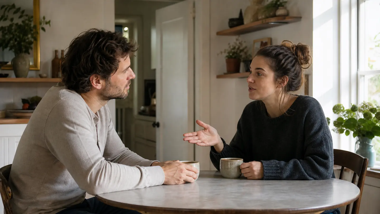 A calm couple making and listening to a specific request over tea