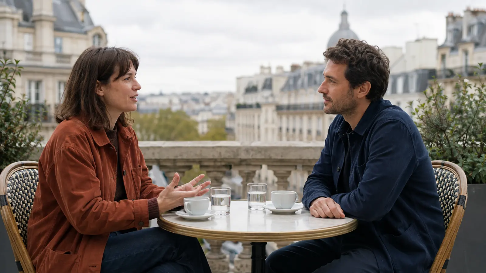 Two adults talking calmly across an outdoor cafe table