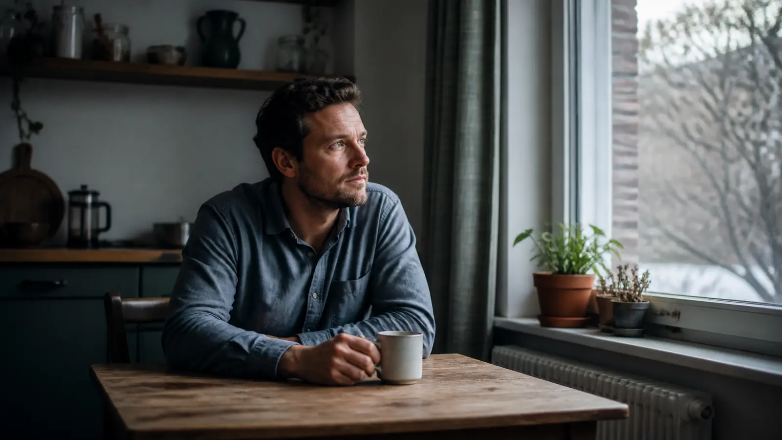 An adult man holding a mug and looking thoughtfully out a kitchen window