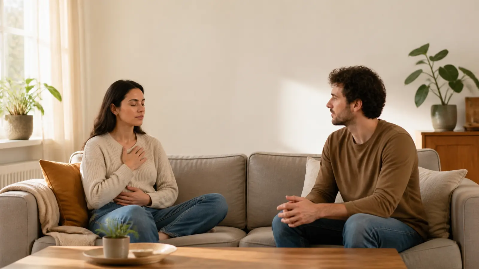 Two partners sitting apart on a sofa, taking a calm pause before returning to a conversation