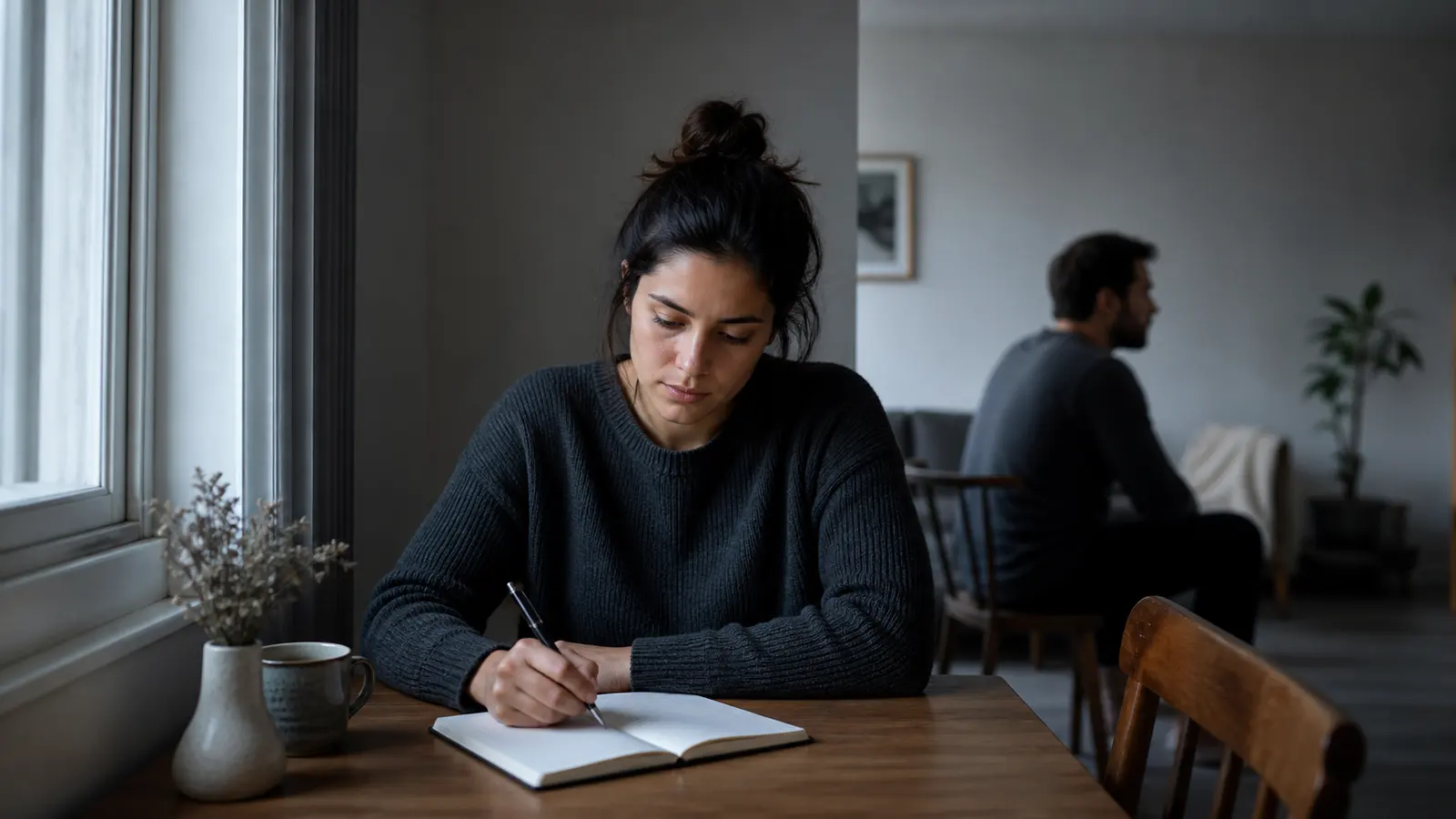 A woman writing in a notebook while her partner sits in the background, illustrating emotional distance and reflection