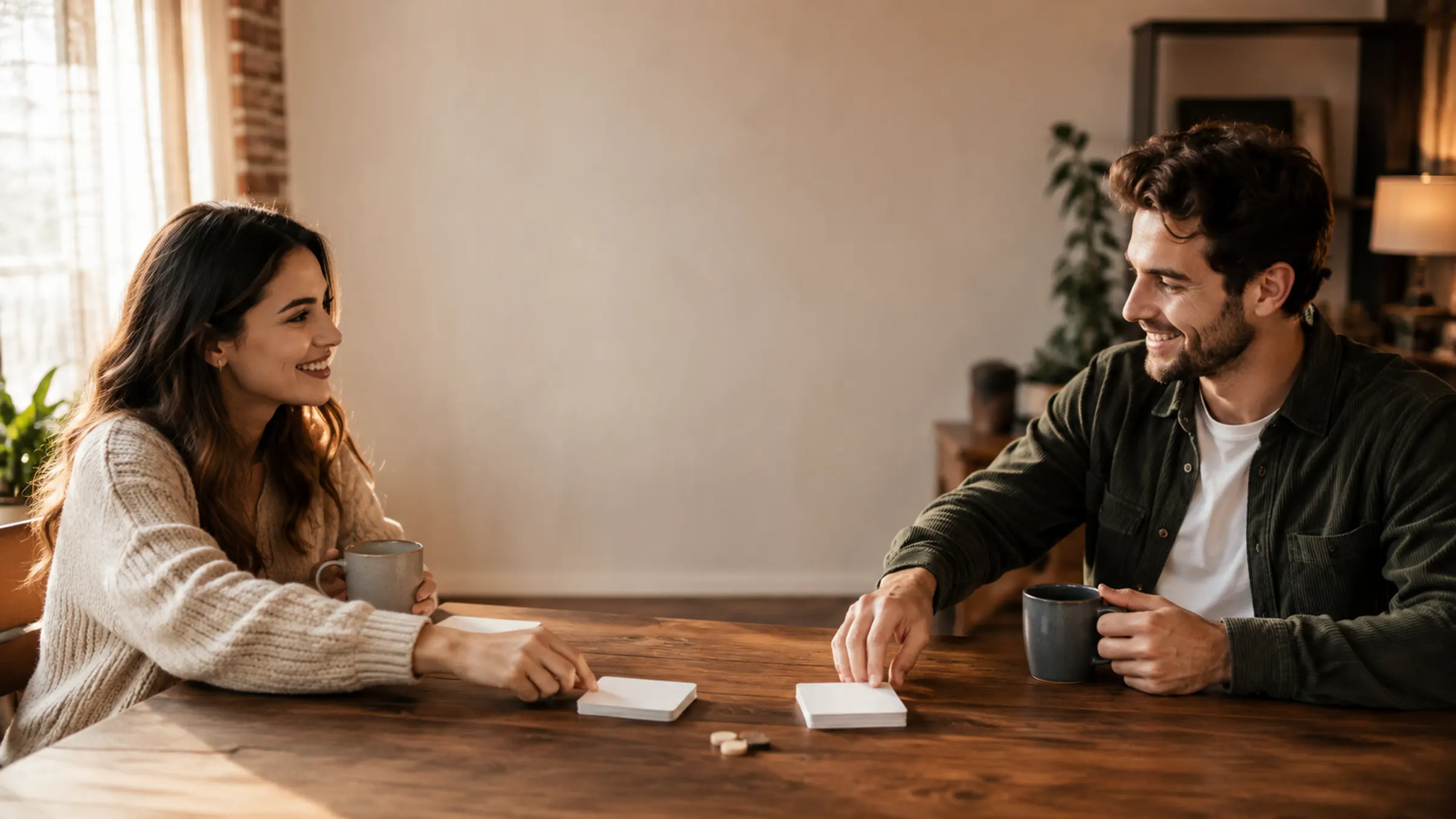 A couple choosing between relationship preference cards at a warm table