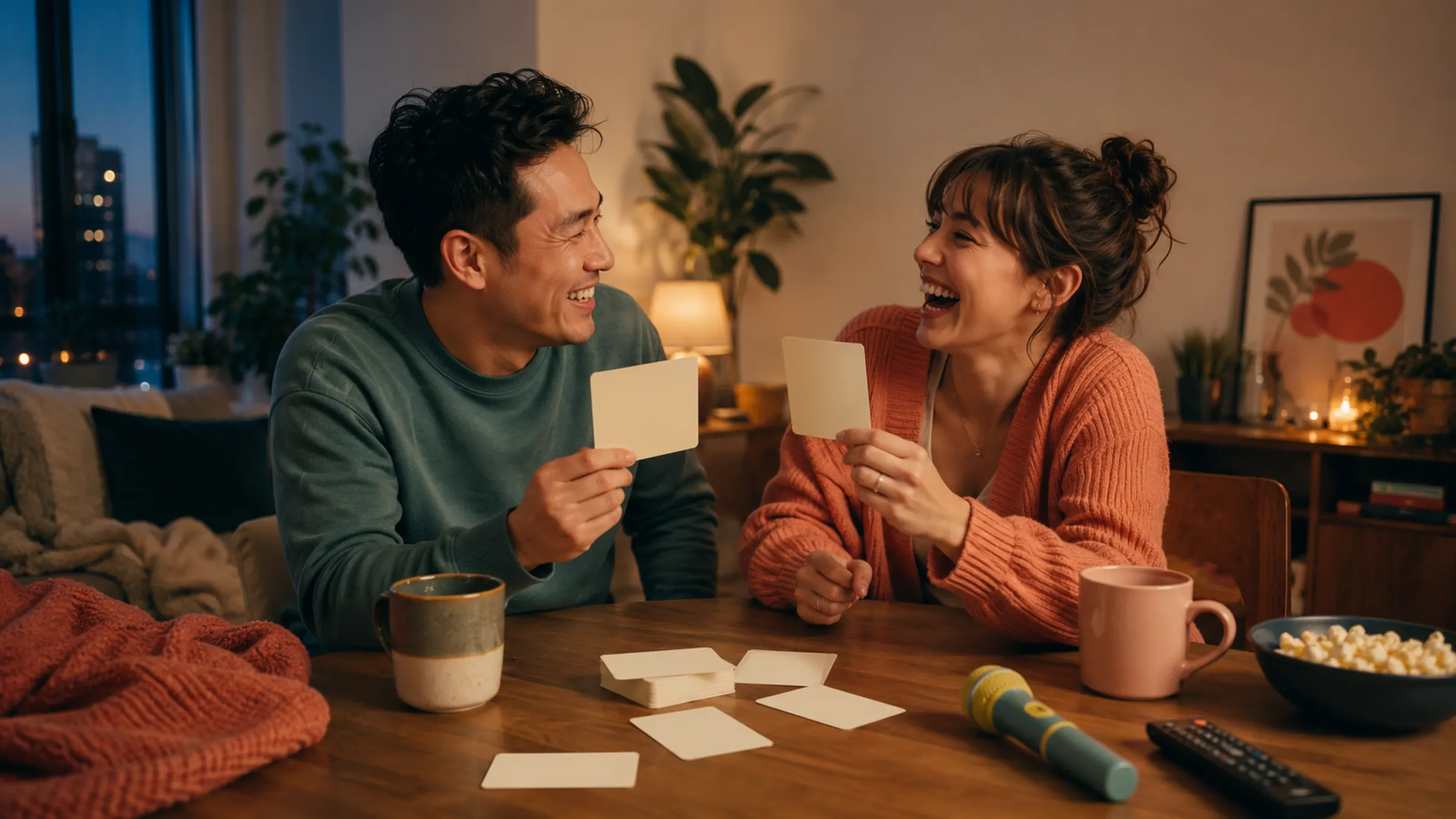 A couple laughing over funny question cards during a cozy partner guessing game
