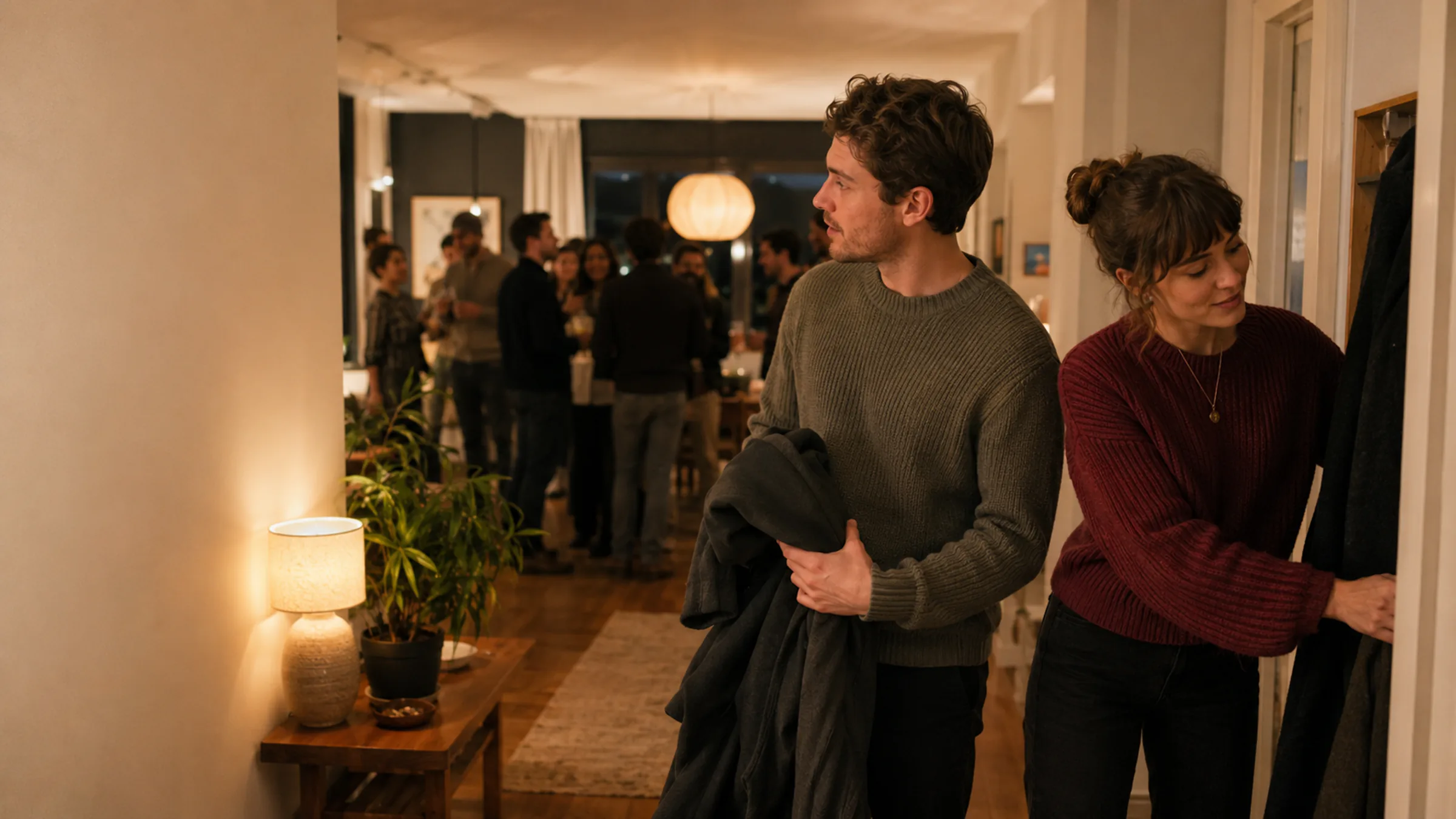 A partner noticing their tired partner's ready-to-leave cue at a lively apartment party