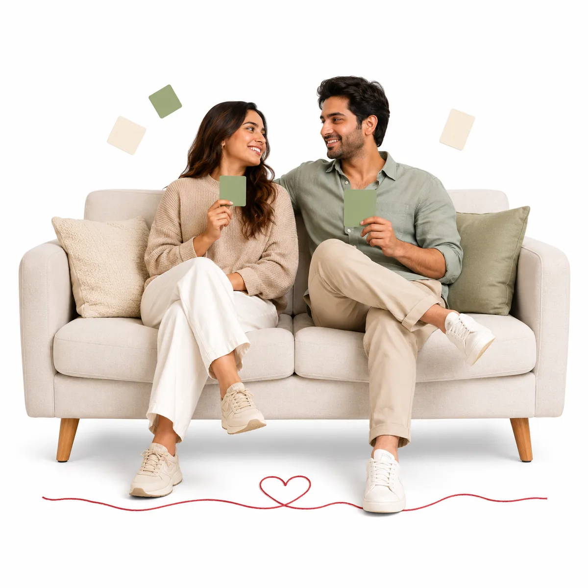 A warm couple holding green relationship cards on a clean white quiz-card background