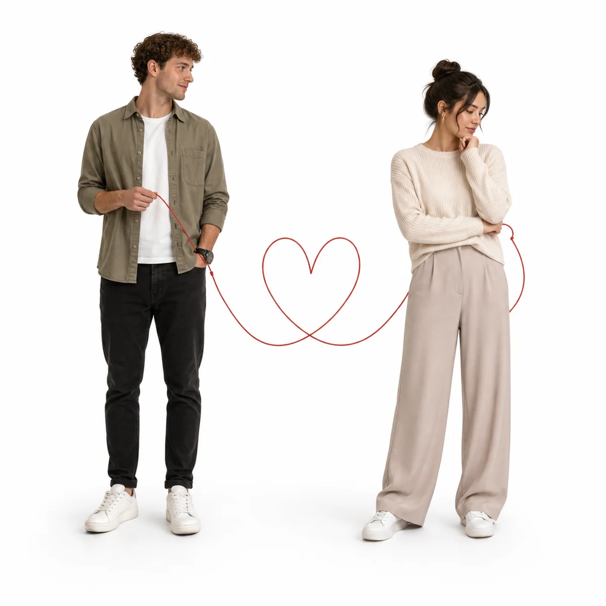 Two people standing apart with a soft heart-shaped thread